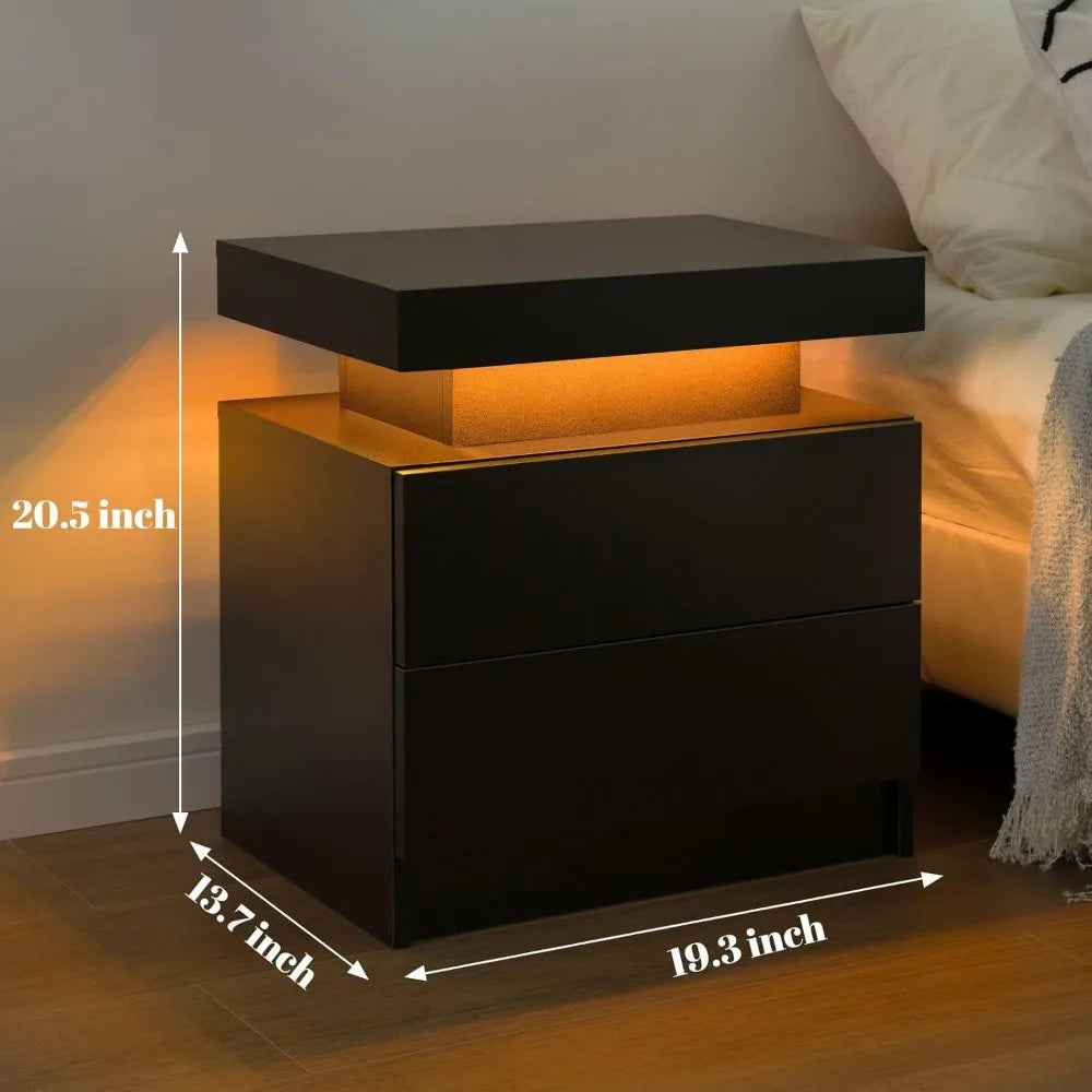 Set of 2 Black Bedside Nightstands with LED Lights
