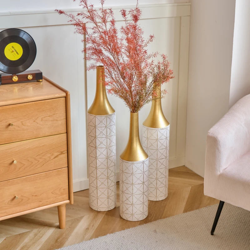 Floor Decorated White Glazed Metal Vases Set Of 3