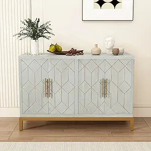 Accent Sideboard Cabinet with Gold Trim 4 Doors and Shelves