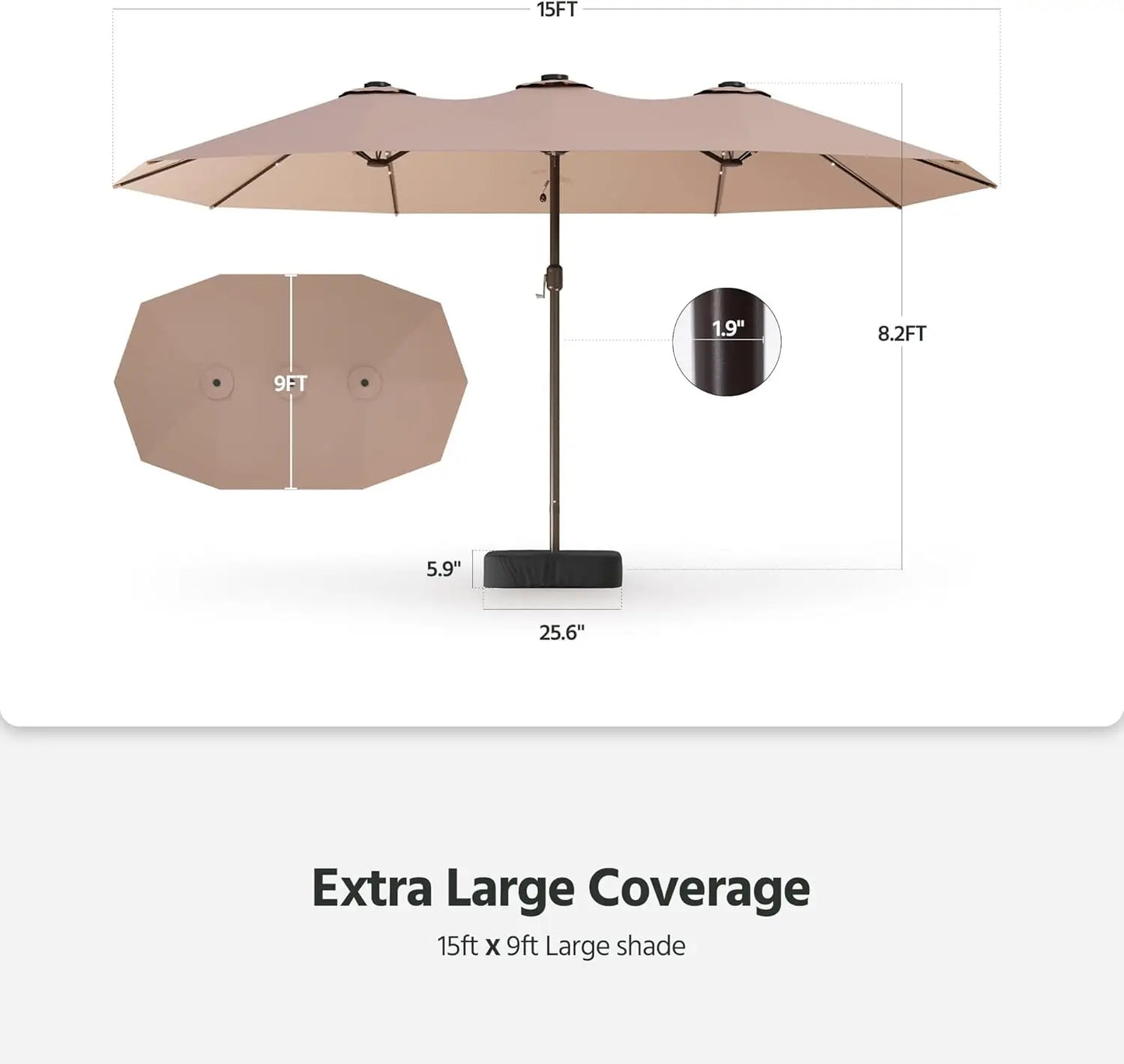 15ft Large Patio Umbrella with Solar Lights