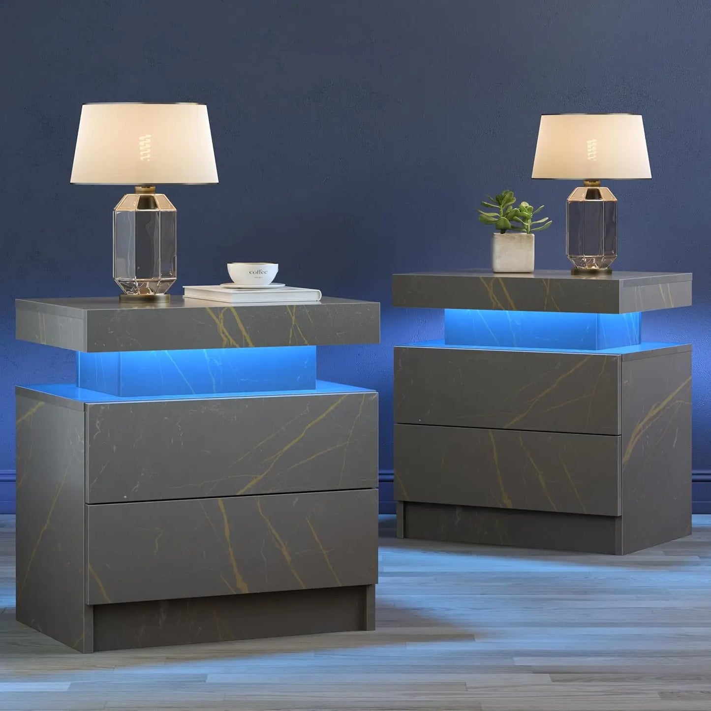Set of 2 Black Bedside Nightstands with LED Lights