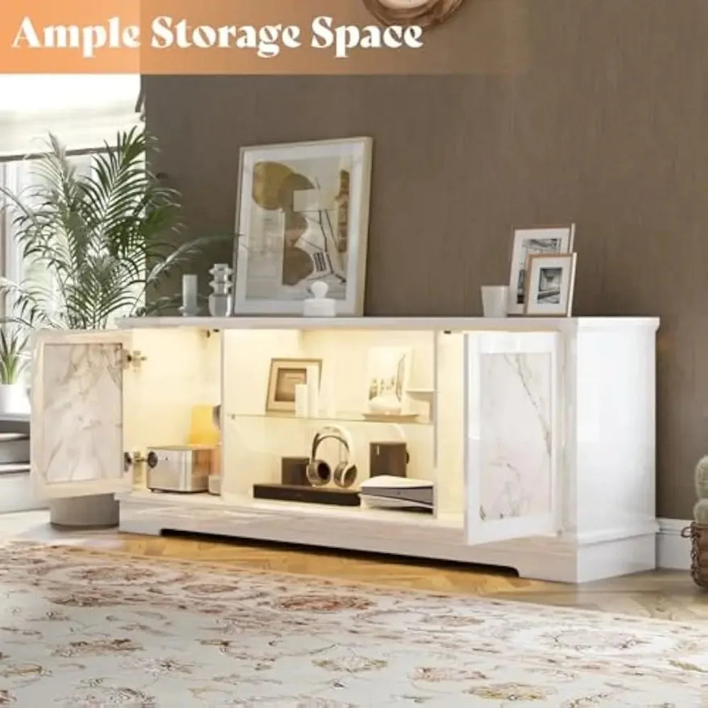 Luxury 63" High Gloss Entertainment Center w/ LED Lights & Pine Legs