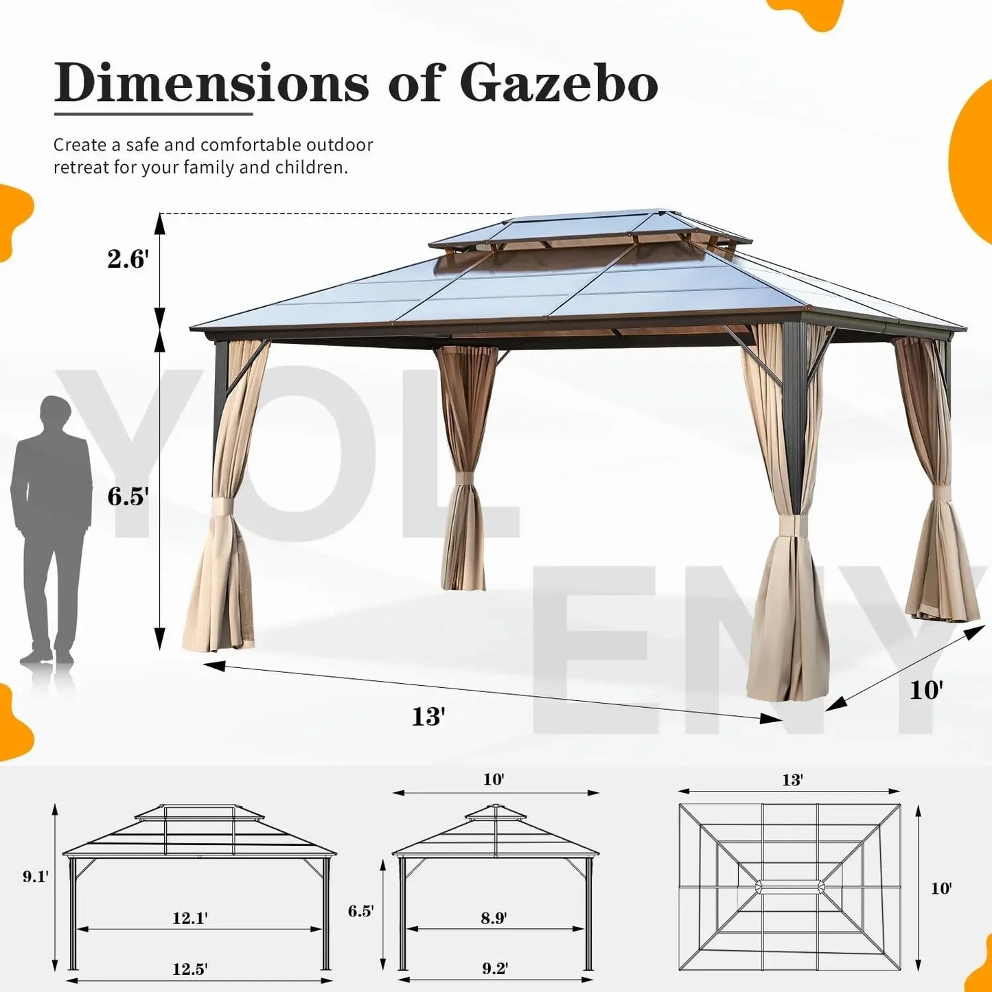 10'x13' Hardtop Double Roof Canopy Gazebo w/ Curtains and Netting