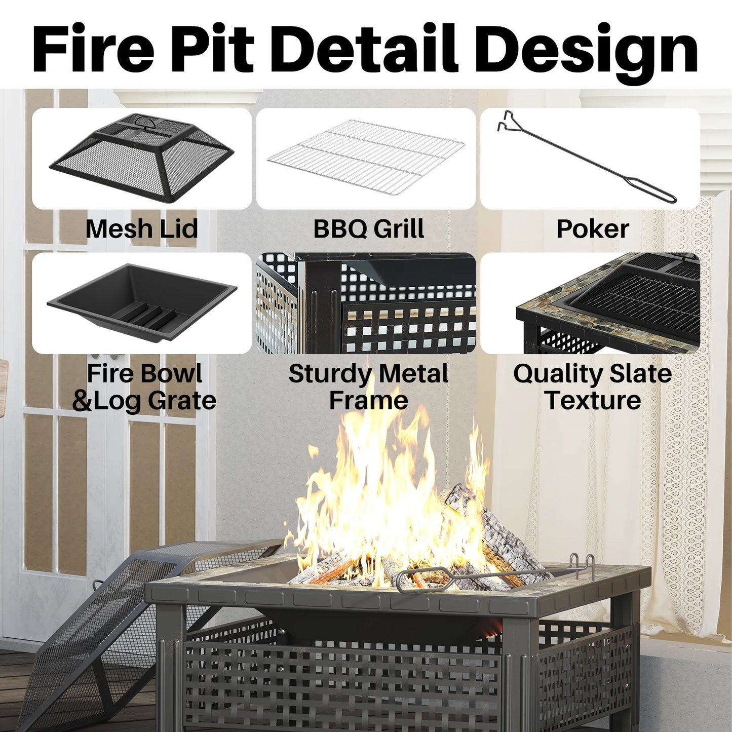 30 Inch Fire Pit, Square Outdoor Fireplace Table w/ Mesh Lid & Fire Poker, 3-in-1 Multipurpose Firepits for Yard, Garden, Patio