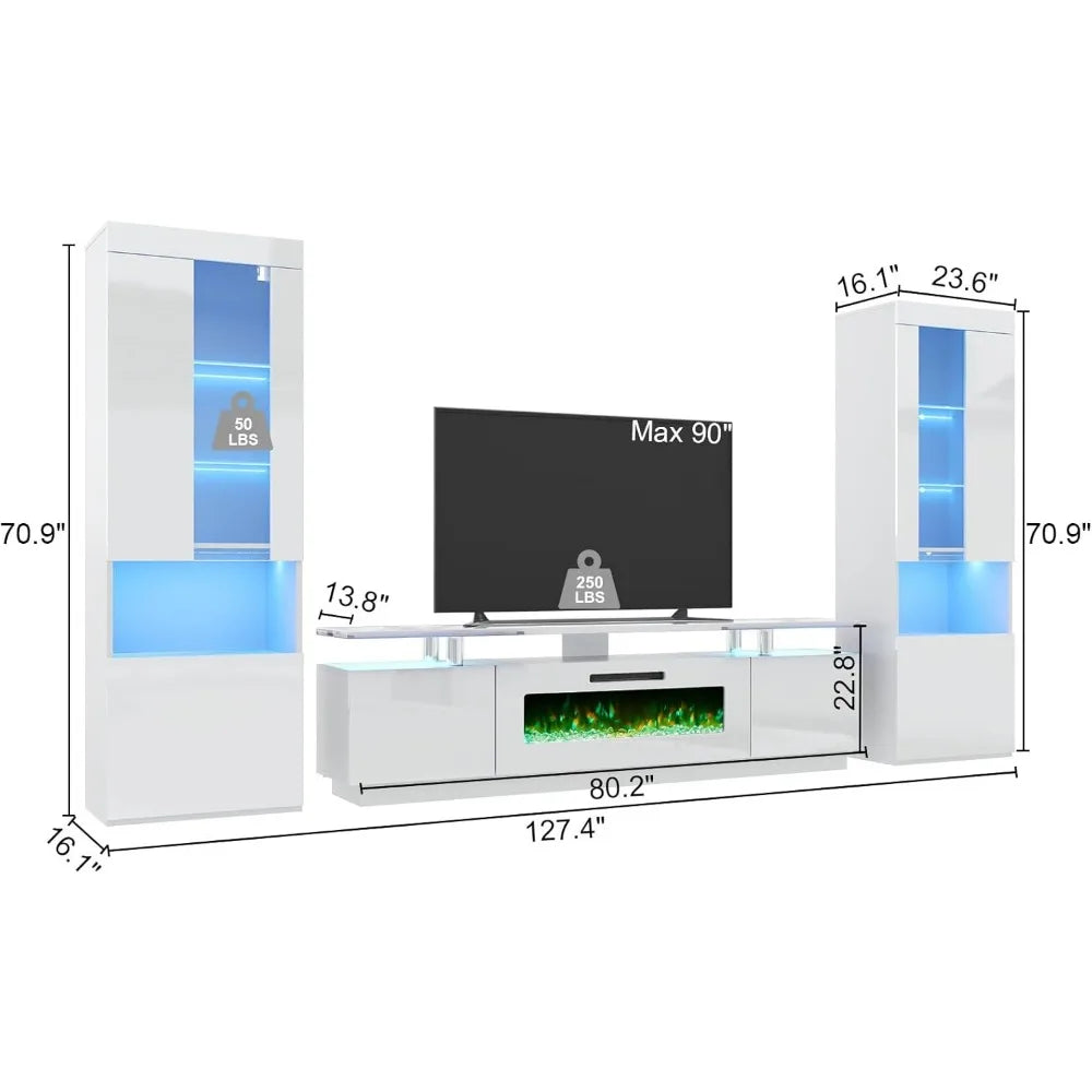 80" 2-Tier FireplaceTV with 2 High Gloss Bookshelves LED Lights & Glass Doors