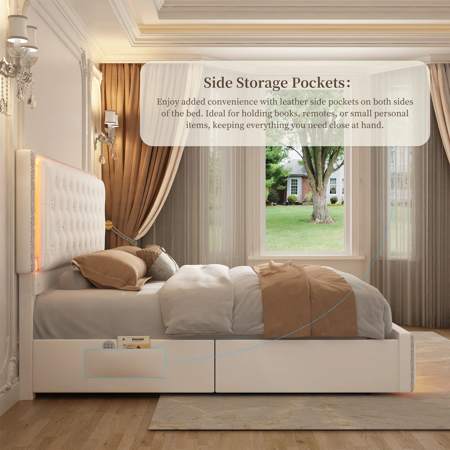 Tufted Crystal Button Headboard & Footboard, Side Pockets with Storage Platform