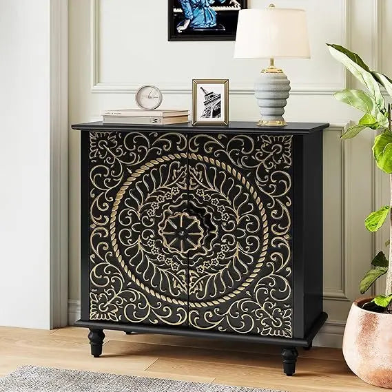 2-Door Decorative Storage Cabinet w/Carved Flower Pattern