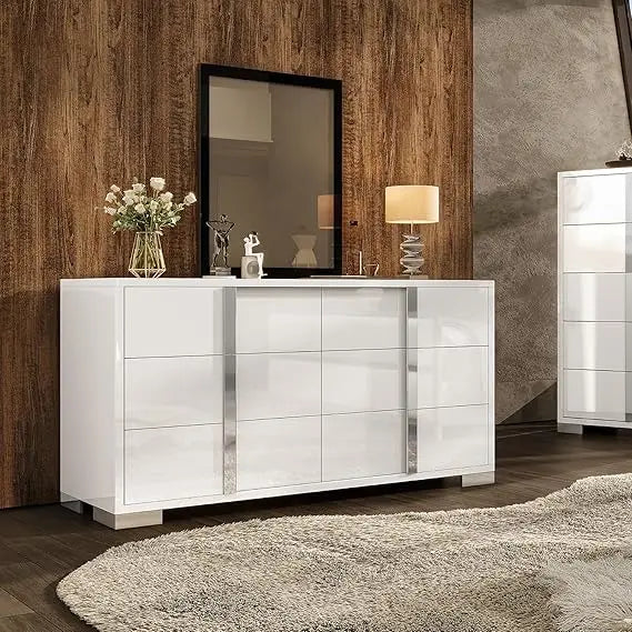 Elegant 54" W High Gloss 6 Drawers Dressers with Silver Grooved Handles