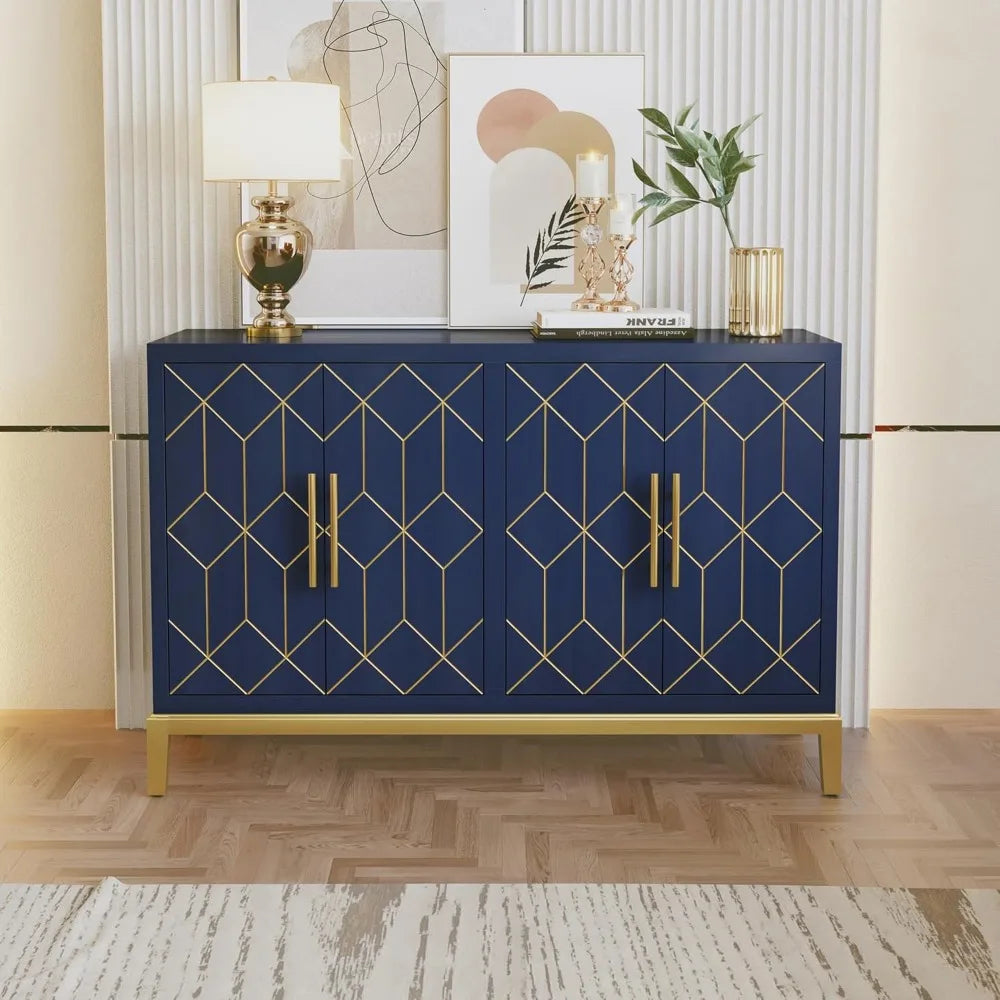 Accent Sideboard Cabinet with Gold Trim 4 Doors and Shelves