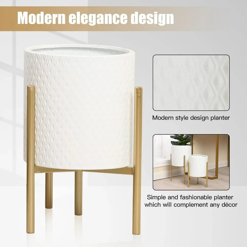 Set of 2 White Planter w/ Gold Metal Stand