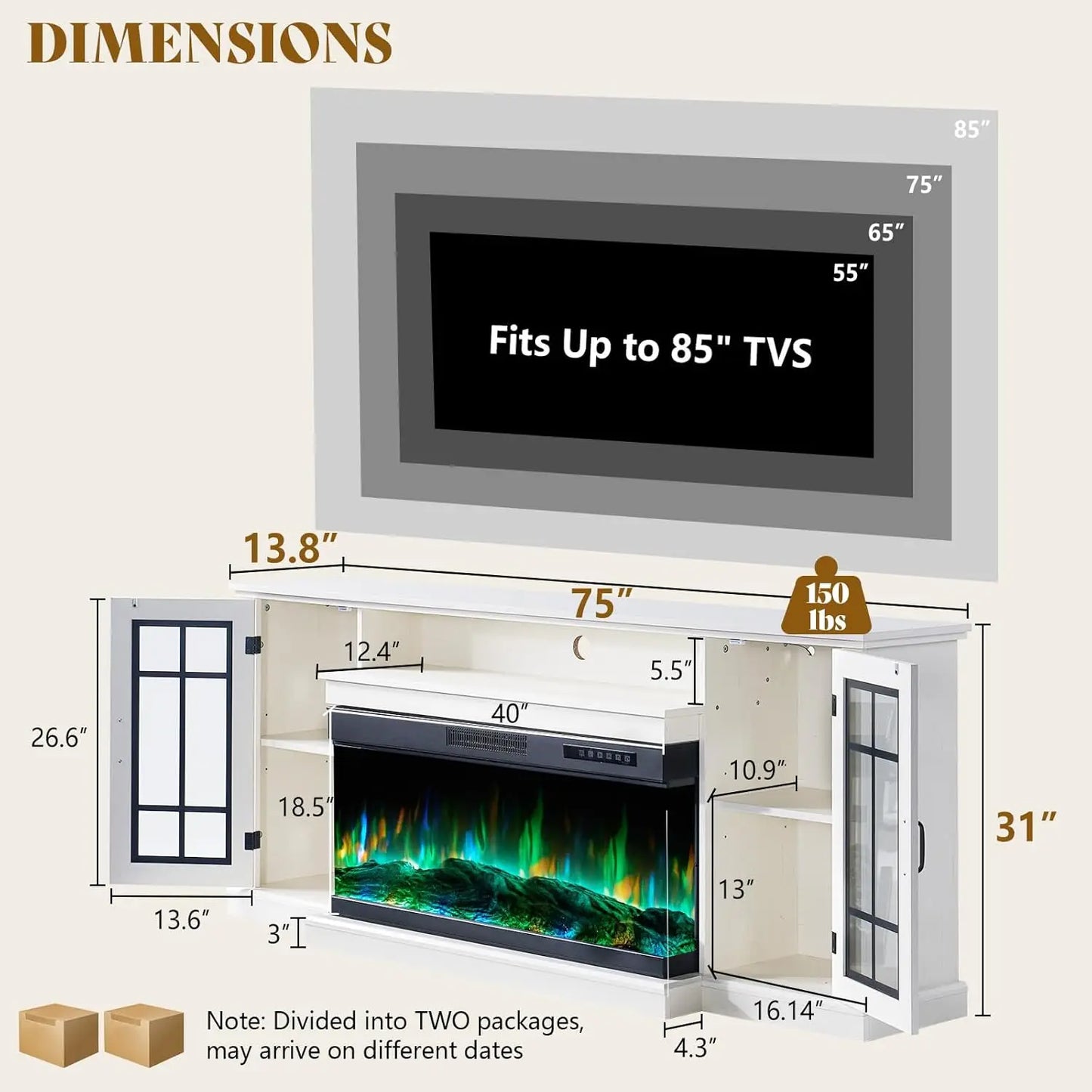 75" Rustic Fireplace TV Stand w/ 3-Side Glass & LED Lights
