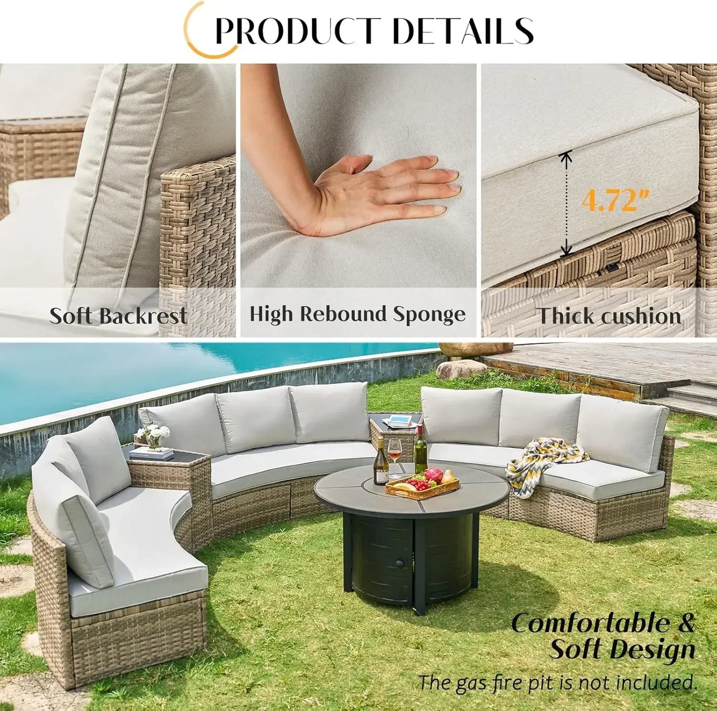 11 Piece Half-Moon Sectional Patio Furniture Set w/Large Storage Wedge Table