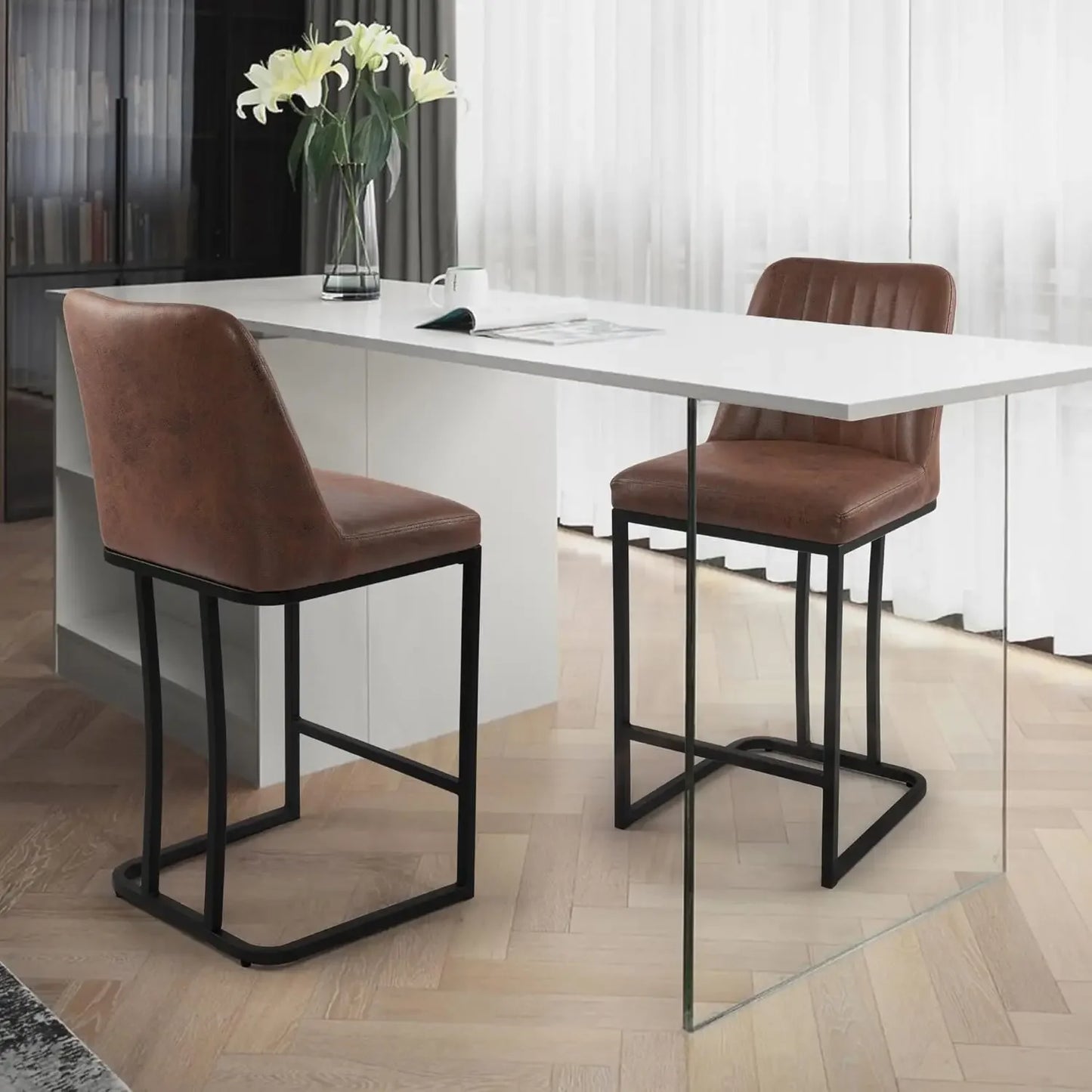 Upholstered Fabric Counter Height Bar Stools w/Footrest & Metal Legs