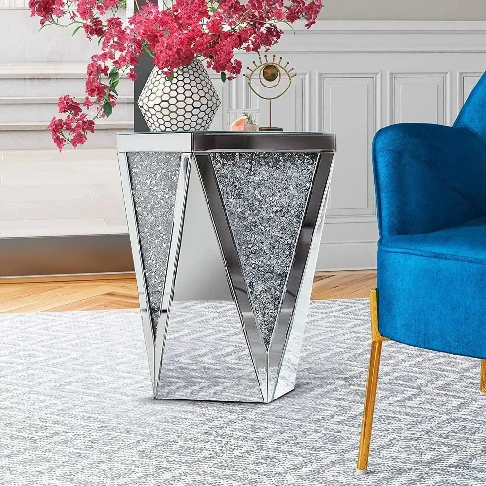 Silver Accent Mirror End Table with Crystal Inlay