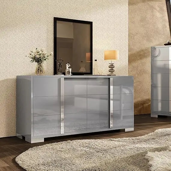 Elegant 54" W High Gloss 6 Drawers Dressers with Silver Grooved Handles