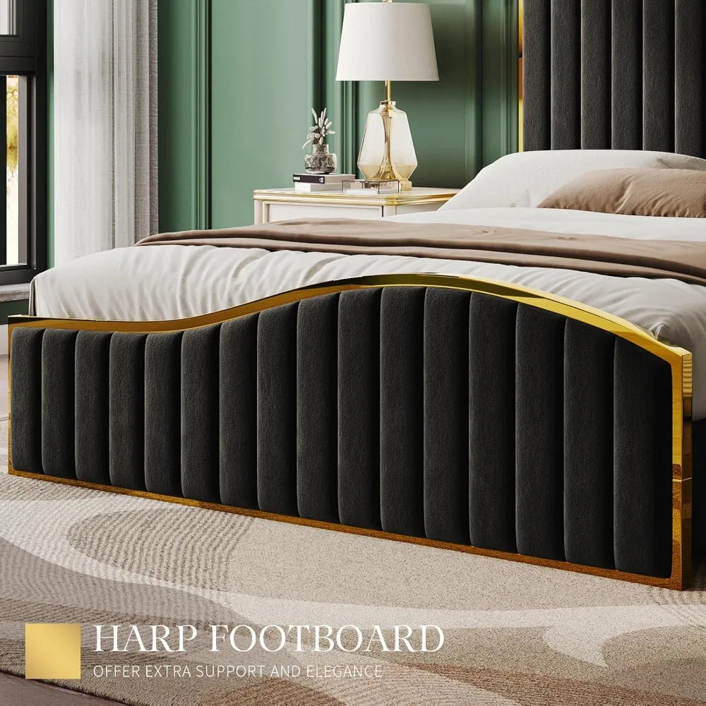 61.4" High Queen SizeHeadboard Platform Bed with Velvet Upholstry with Gold Trim , Bedroom Queen Bed Frame