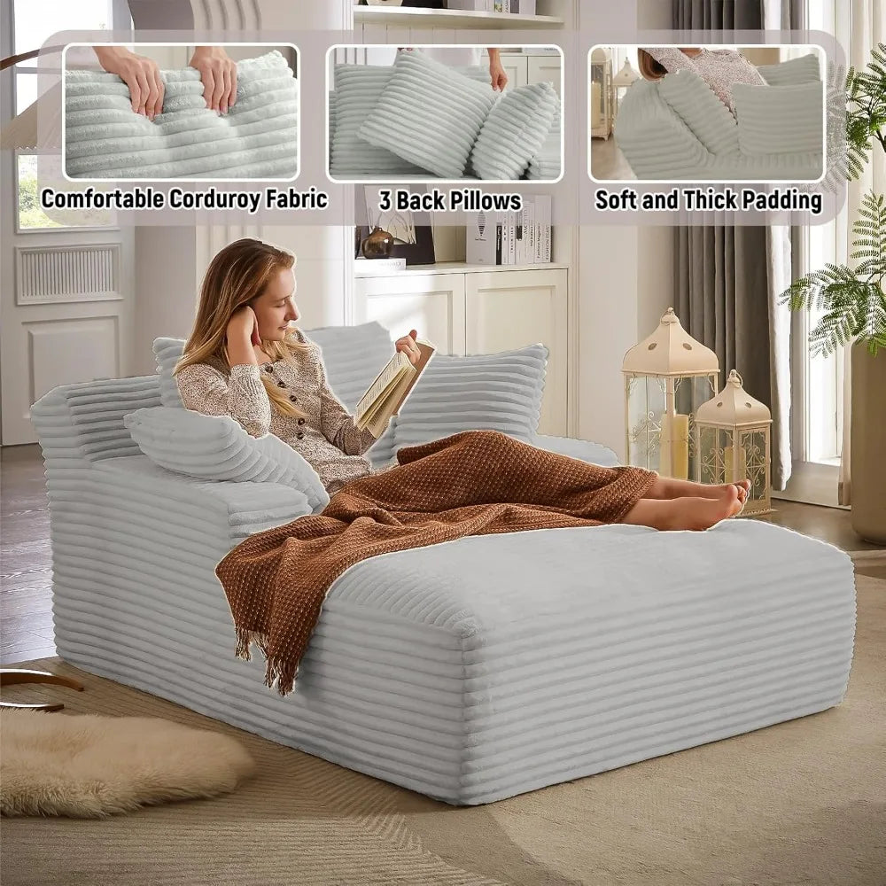 50'' Comfy Corduroy Chaise Lounge w/ 2 Throw Pillows