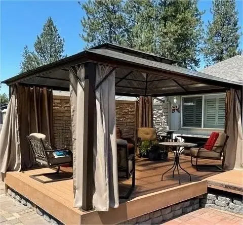 10'x13' Hardtop Double Roof Canopy Gazebo w/ Curtains and Netting