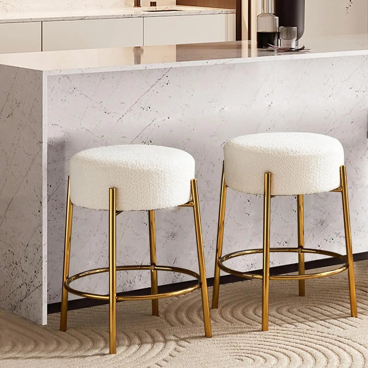 24" Sherpa Counter Height Stools w/ Round Soft Padded Boucle (Set Of 2)