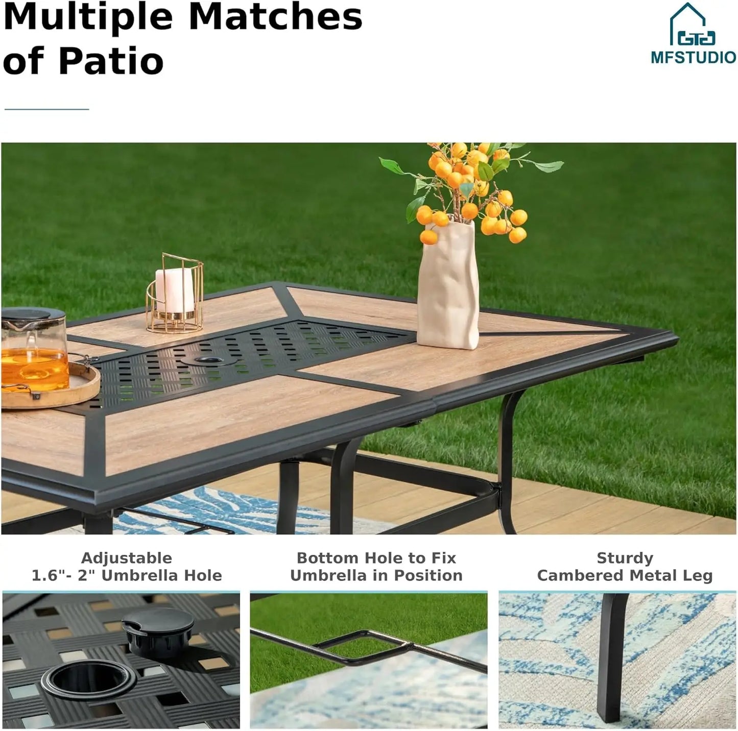 Outdoor Patio Dining Table for 6, Rectangular Patio Furniture Table with Metal Frame and Immitation Top