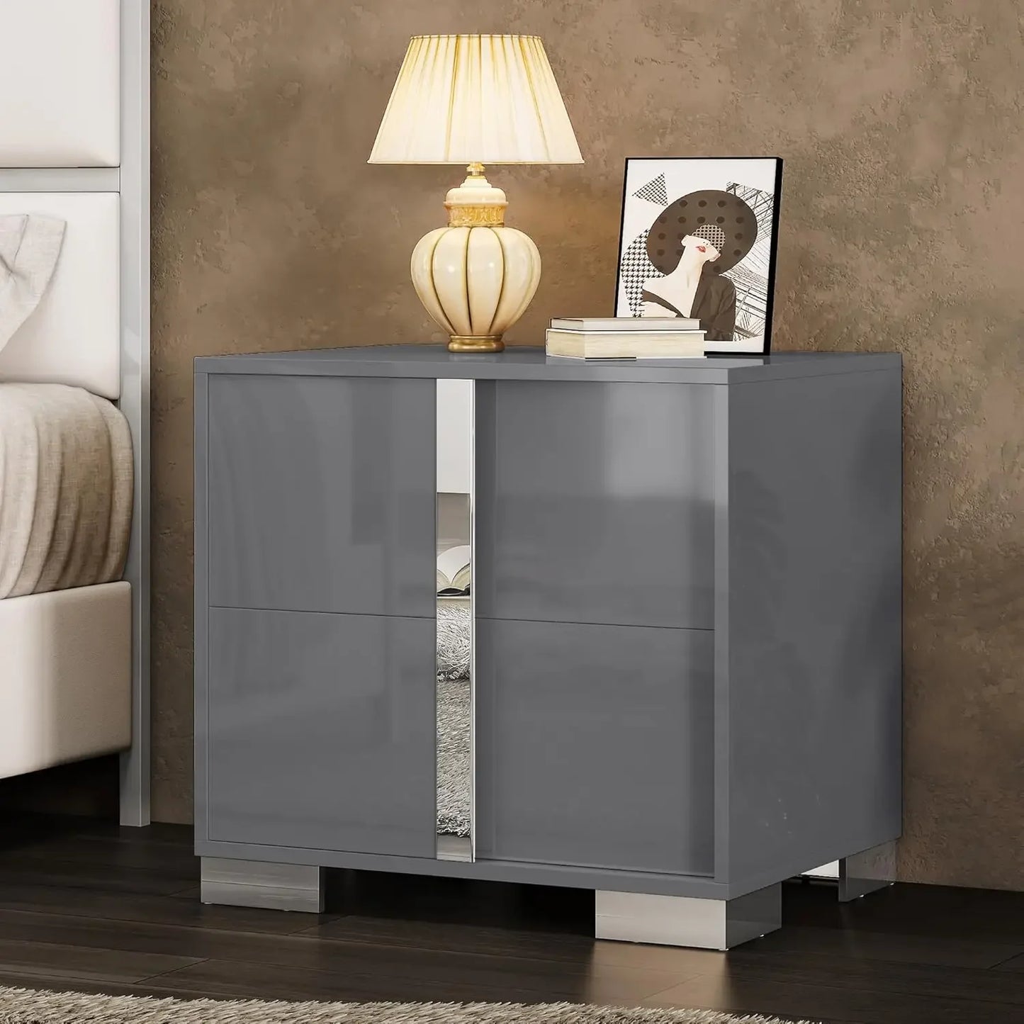 Set of 2 - 23.6" End Tables w/ Drawers, High Gloss UV Finish