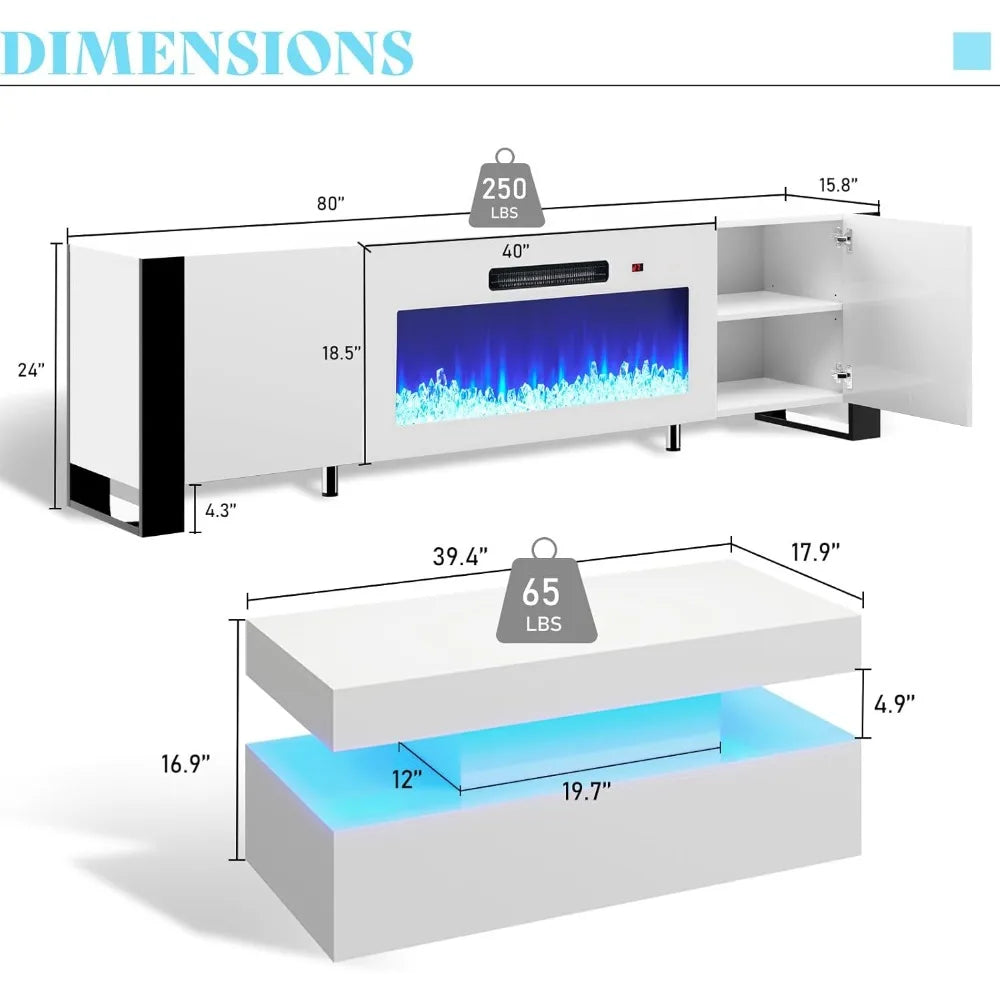 80" LED TV Stand w/40" Electric Fireplace & High Gloss Coffee Table (Set of 3)