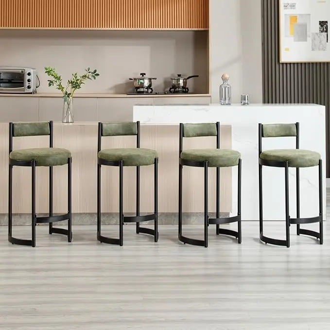 Boucle Upholstered Barrel Bar Stools w/Backrest Black Metal Frame (Set of 4)