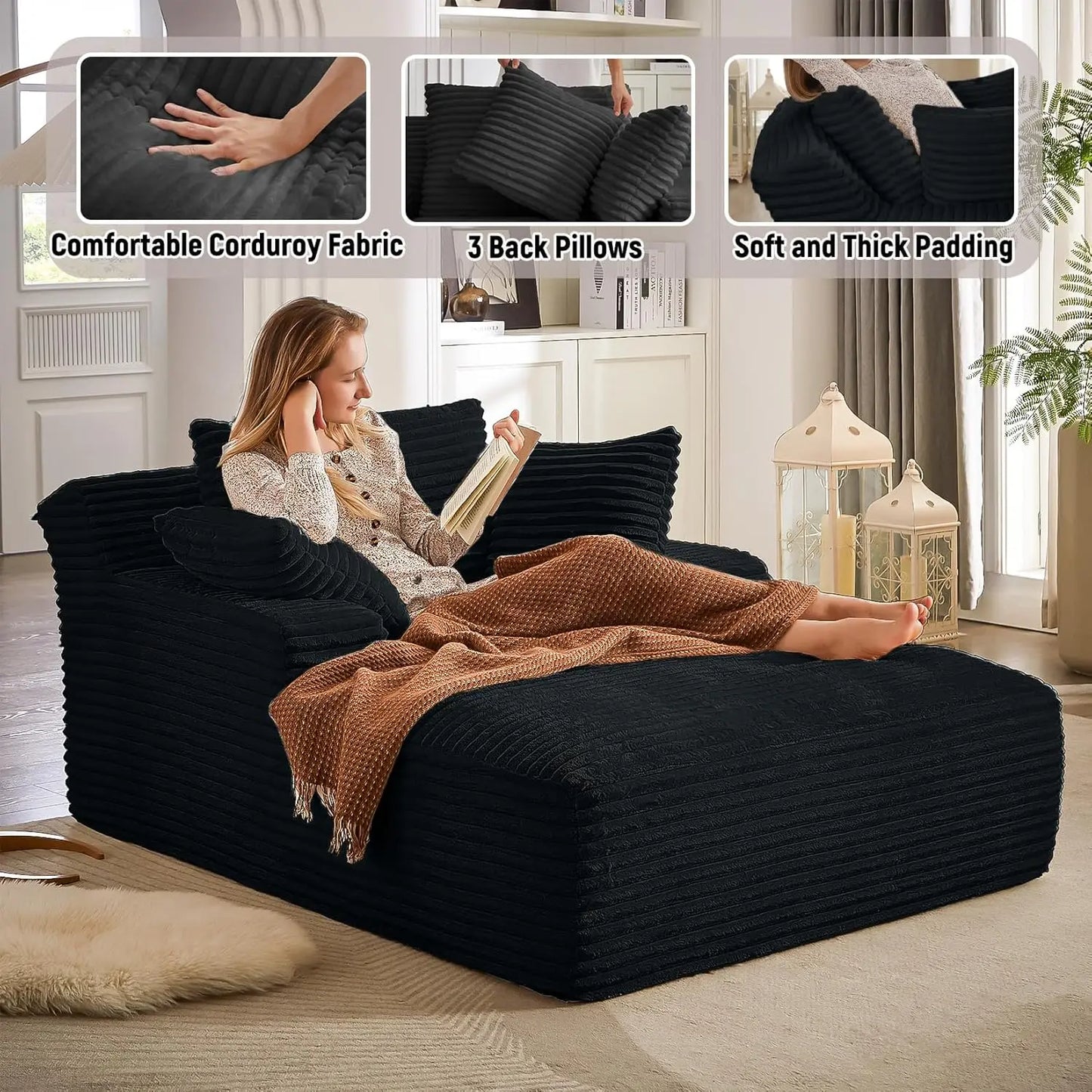 50'' Comfy Corduroy Chaise Lounge w/ 2 Throw Pillows
