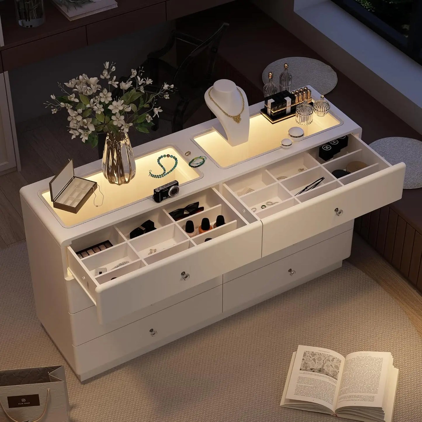 Glass Top White Vanity with 8 Drawers