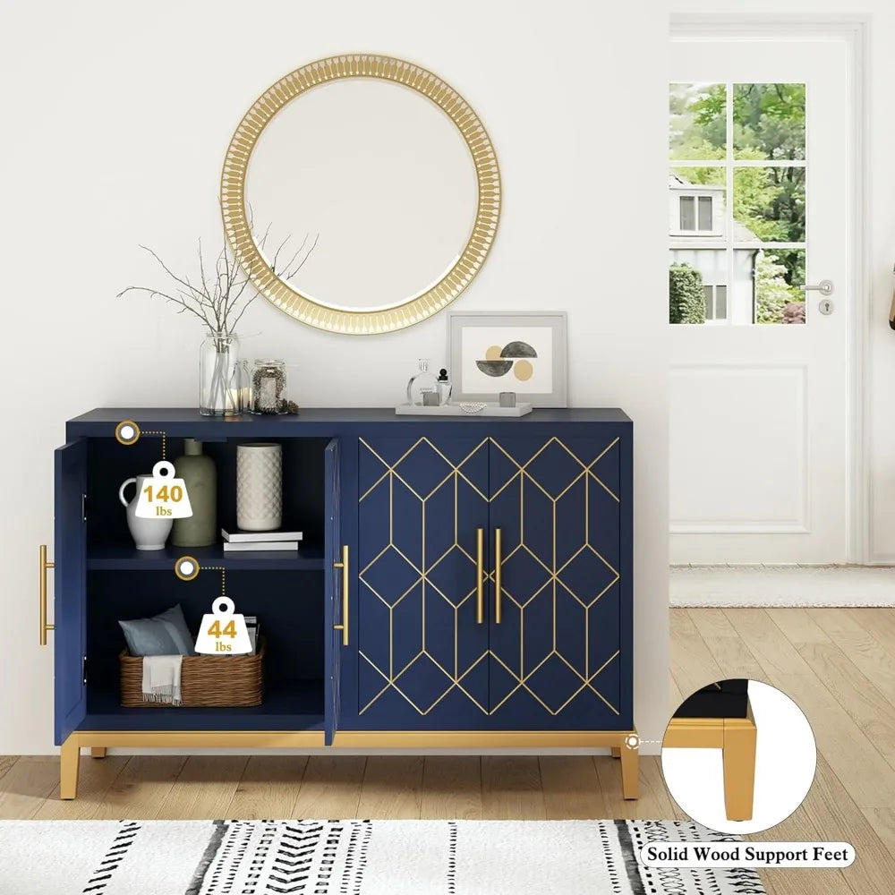 Accent Sideboard Cabinet with Gold Trim 4 Doors and Shelves