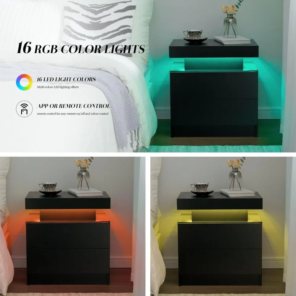 Set of 2 Black Bedside Nightstands with LED Lights