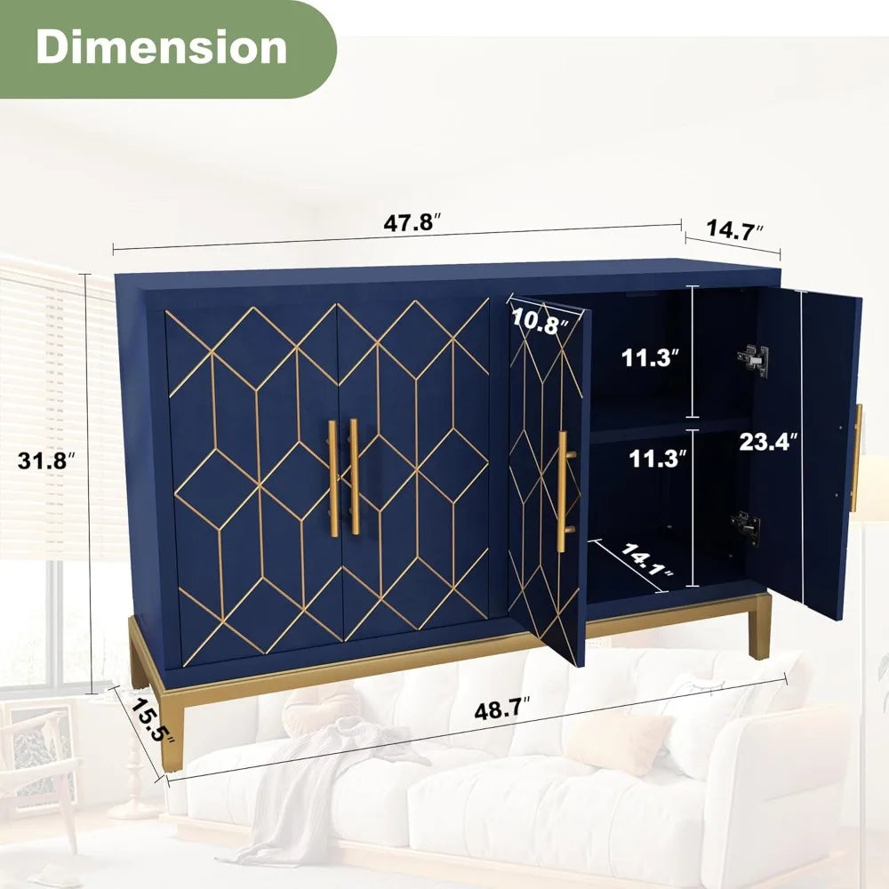 Accent Sideboard Cabinet with Gold Trim 4 Doors and Shelves