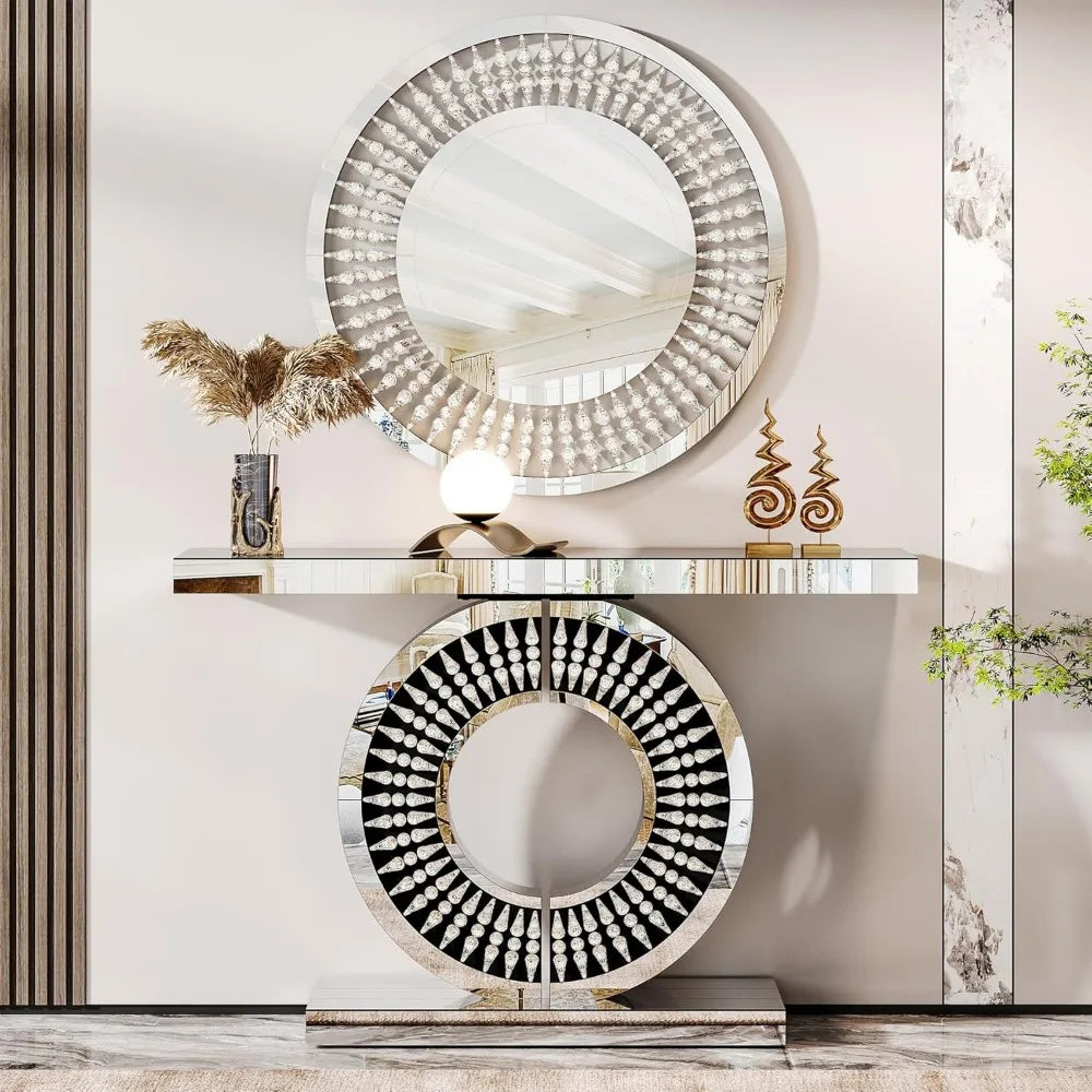 43-Inch Mirrored Console Table with Round Jeweled Decorative Wall Mirror Set of 2