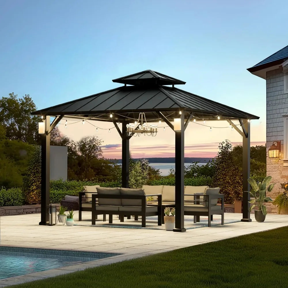 10'x10' Hardtop Gazebo with Galvanized Steel Roof & 4 LED Lights