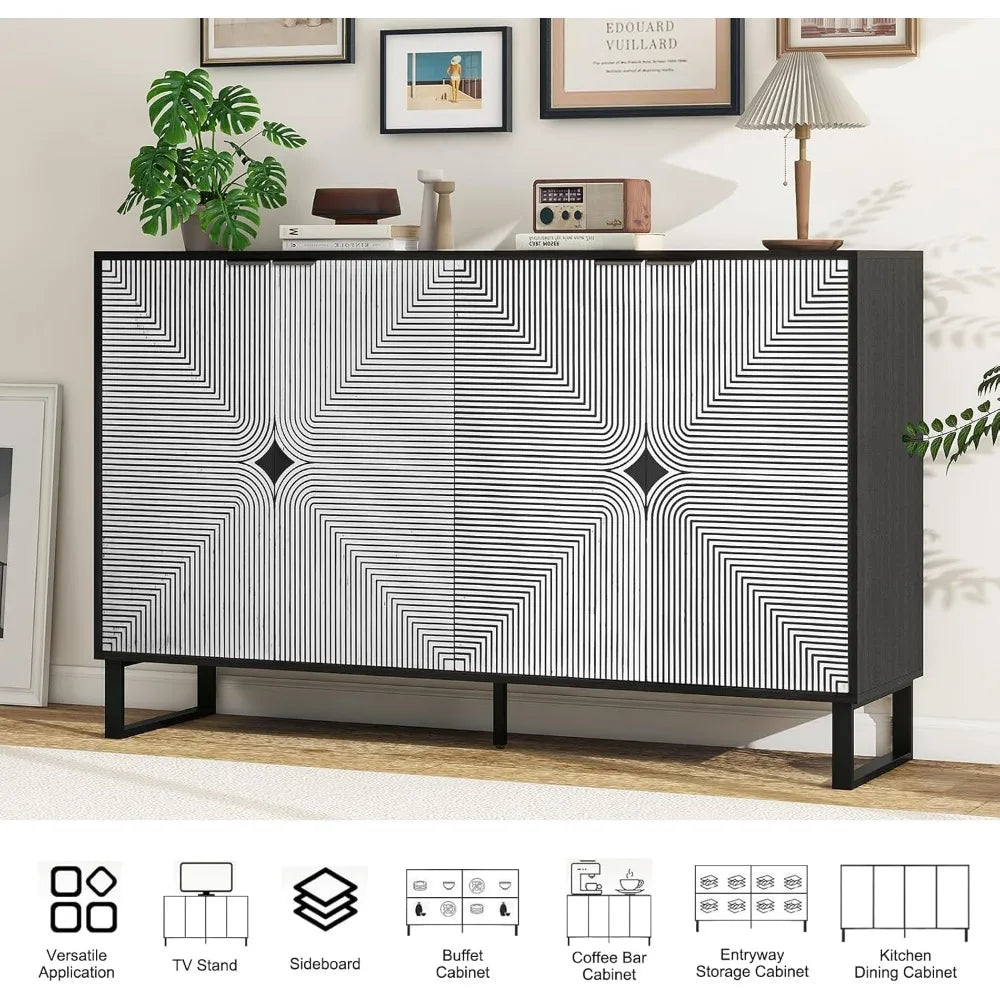 59in. Sideboard Buffet with Black & White Striped Accent Cabinet
