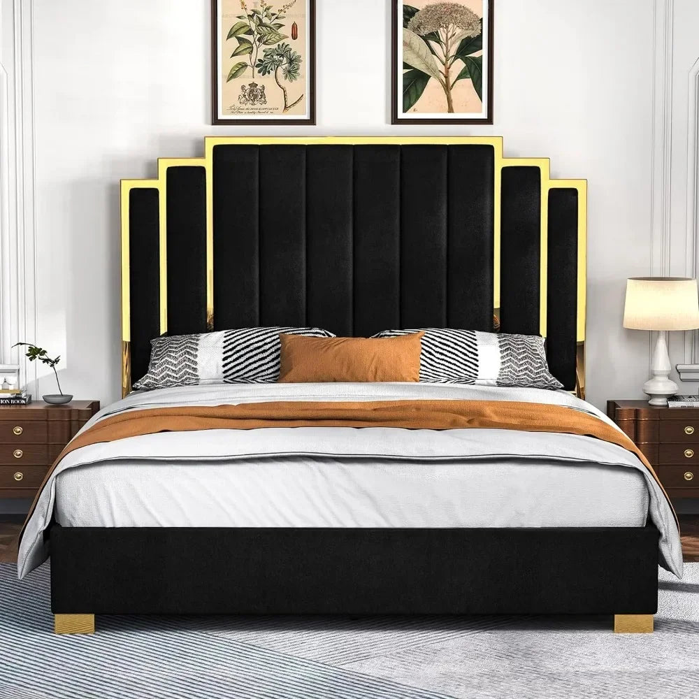 66in. Velvet Upholstered Bed with Gold Trim Headboard & Wooden Slats