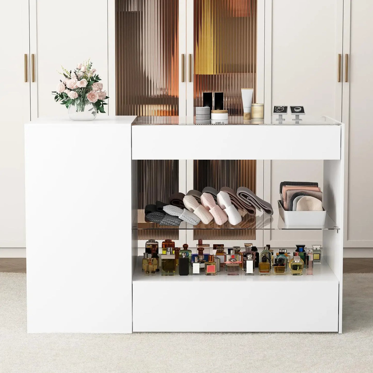 White Wooden Wardrobe Armoire w/Glass Top