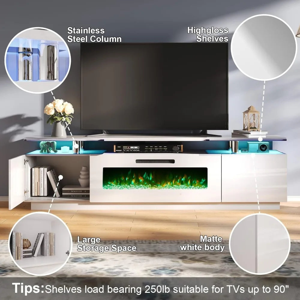 80" 2-Tier FireplaceTV with 2 High Gloss Bookshelves LED Lights & Glass Doors