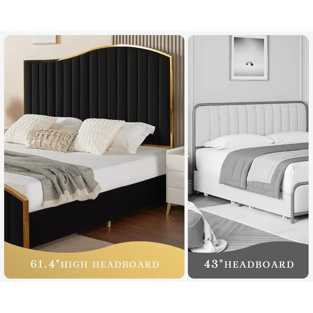 61.4" High Queen SizeHeadboard Platform Bed with Velvet Upholstry with Gold Trim , Bedroom Queen Bed Frame
