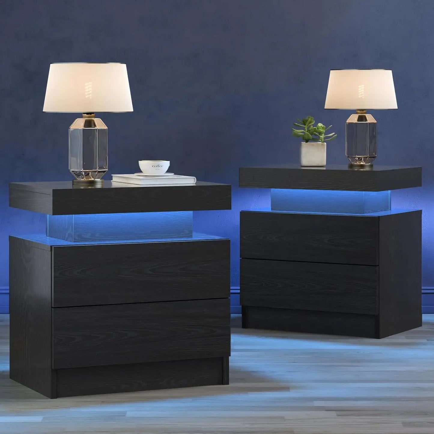 Set of 2 Black Bedside Nightstands with LED Lights