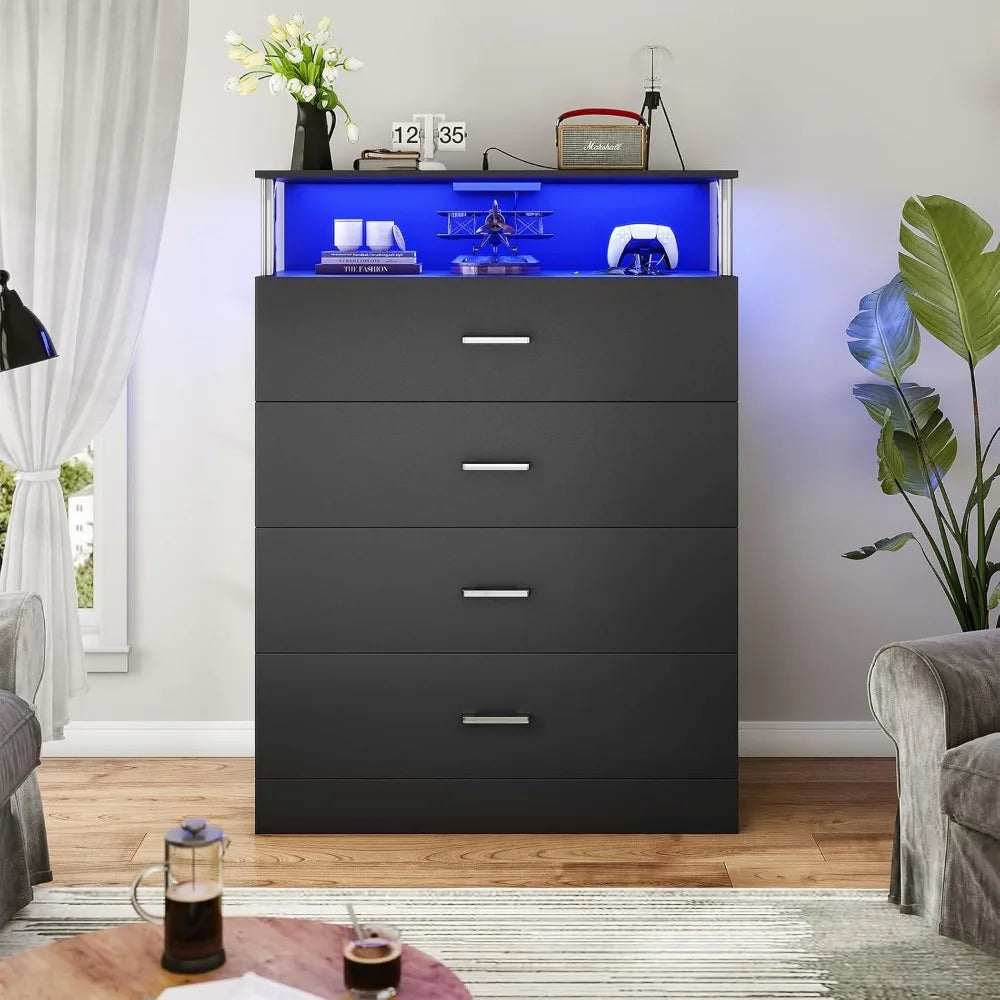 LED Tall Black 4 Drawer Dresser with Charging Station