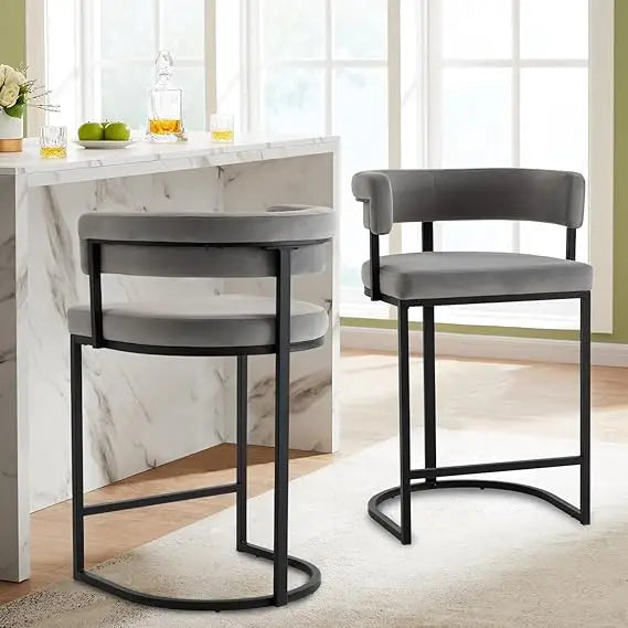 Velvet Bar Stools w/ Barrel Backrest (Set of 2)