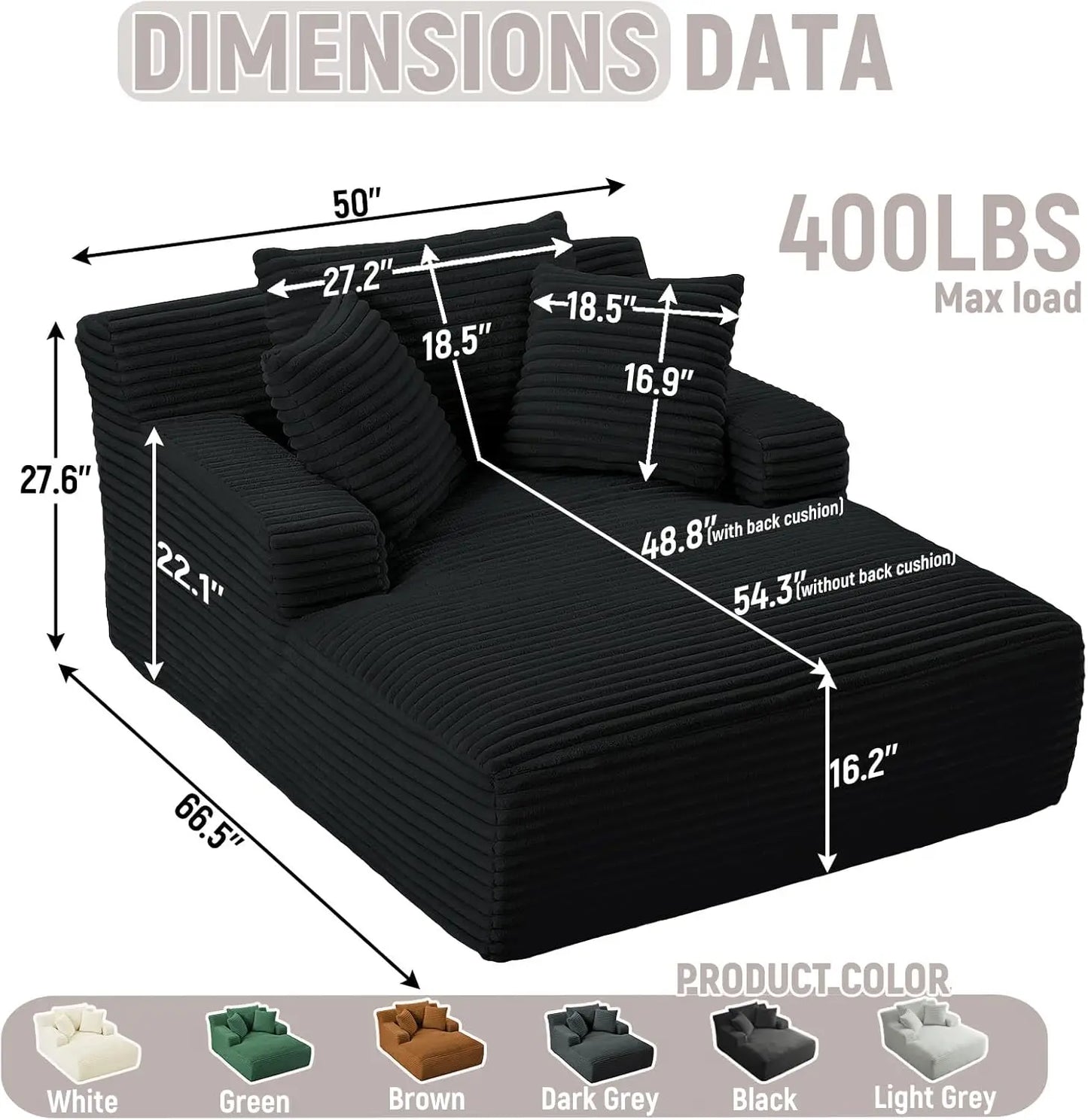 50'' Comfy Corduroy Chaise Lounge w/ 2 Throw Pillows