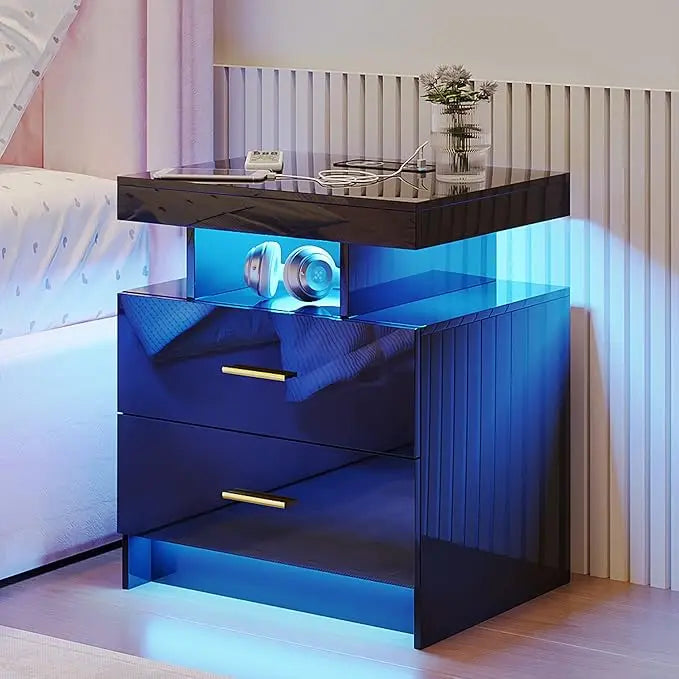 High Gloss Nightstand with USB/Wireless Charging Station (Set of 2)
