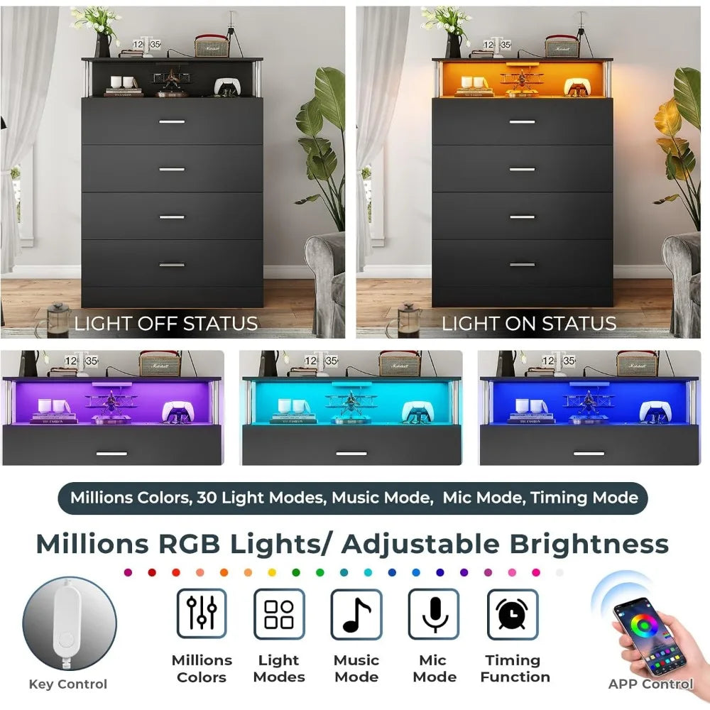 LED Tall Black 4 Drawer Dresser with Charging Station
