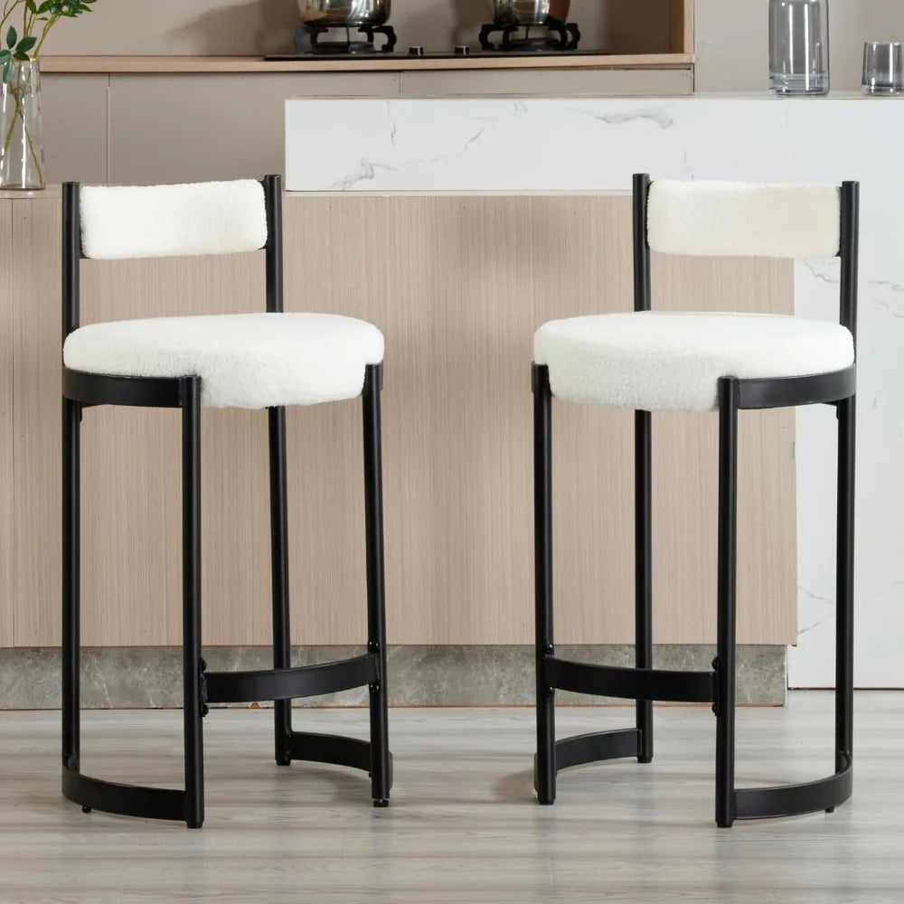 Boucle Upholstered Barrel Bar Stools w/Backrest Black Metal Frame (Set of 4)