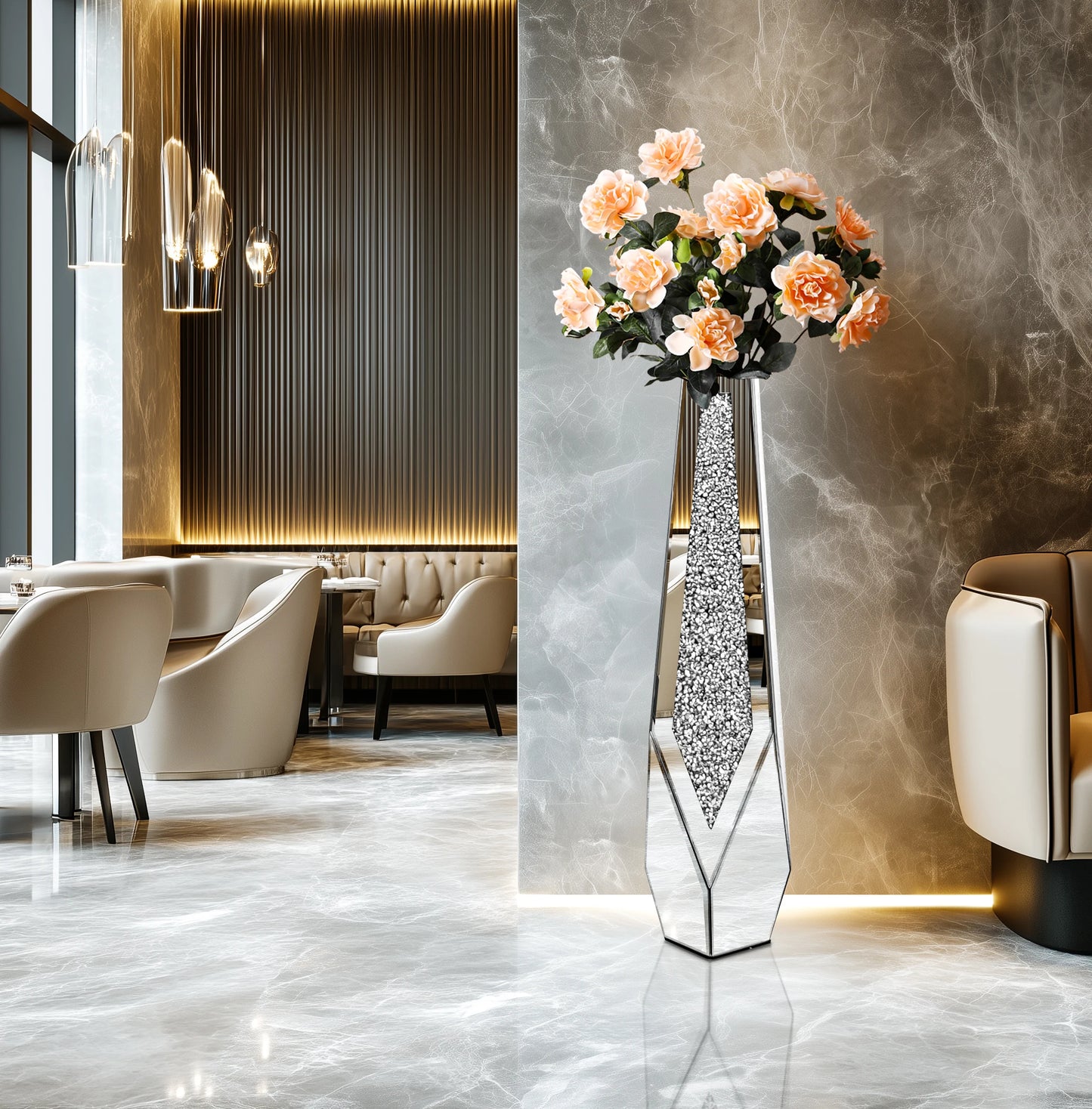 Crushed Diamond Glass Tall Floor Mirror Vase