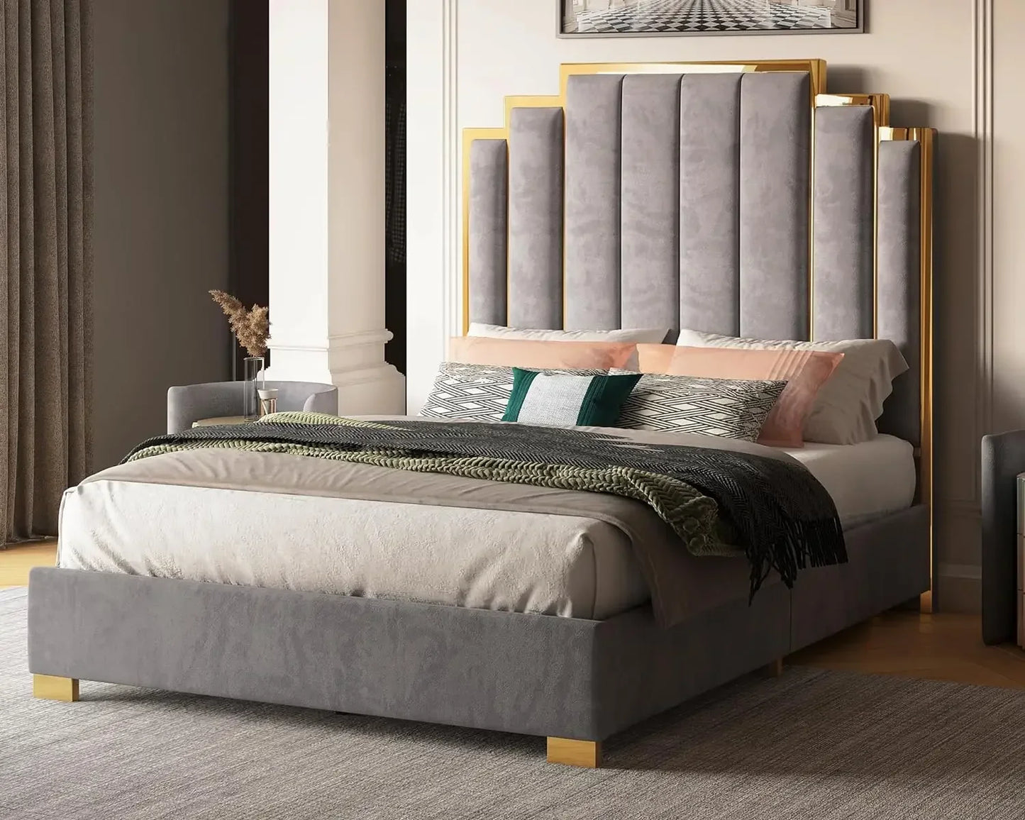 66in. Velvet Upholstered Bed with Gold Trim Headboard & Wooden Slats