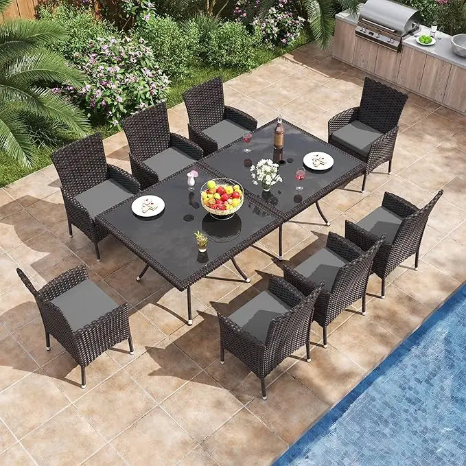 10 Piece Patio Dining Set w/Tempered Glass Tabletop & Umbrella Hole