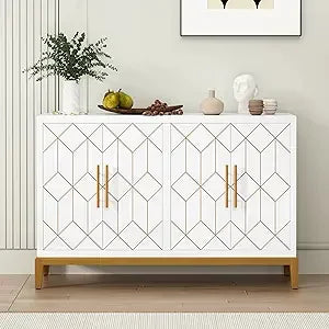 Accent Sideboard Cabinet with Gold Trim 4 Doors and Shelves